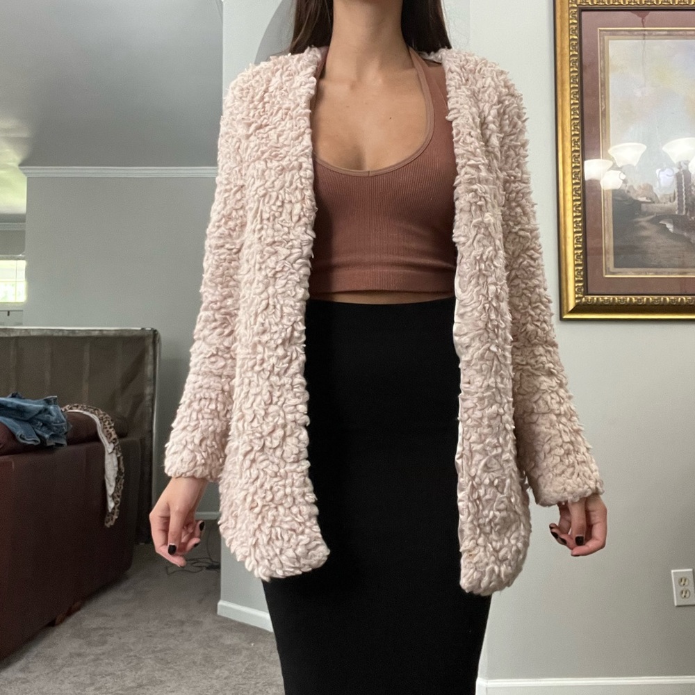 EUC Pink Fluffy Outside Satin Inside Warm Winter Fall Open Coat